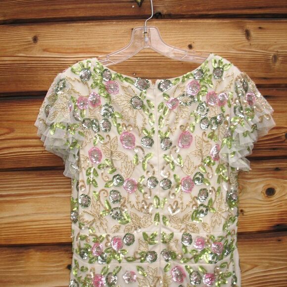 Mac Duggal Womens Floral Embellished Flutter Cap Sleeve Dress 5722 Cream - Picture 12 of 16